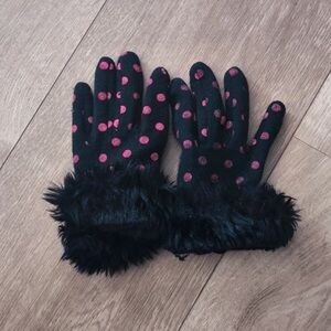 Black and Pink Polka Dot Gloves with Faux Fur Trim